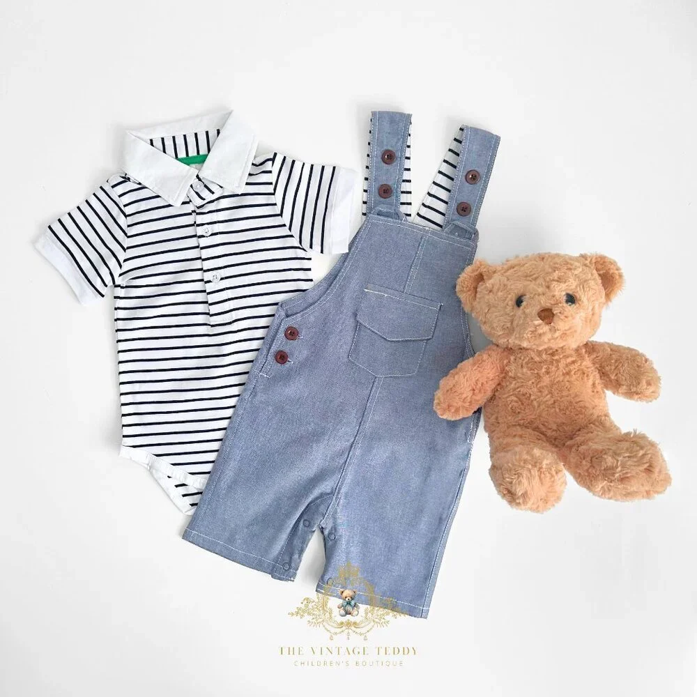 NWT Cute Boys Overalls Dungarees Onesie & Bucket Hat 3 Piece Matching Set 3-6M